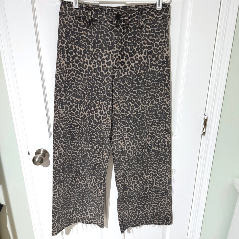 Miou Muse Leopard Cheetah Print Wide Leg Pants Raw Hem Brown Black Size L P3887